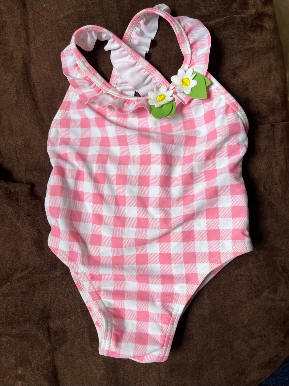 NWOT Pink Gingham Kids One-Piece Swimsuit with Daisy Accent, Mayoral brand